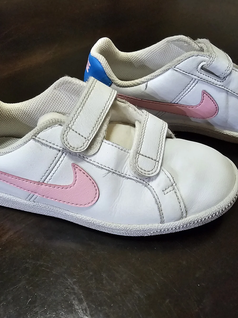Nike Kids White Sneakers with Pink Swoosh and Velcro Straps